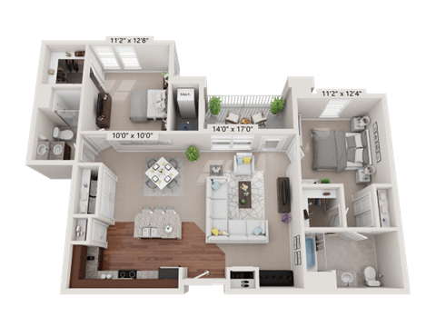 Floor plan for 2 beds, 2 baths, 1144 sqft